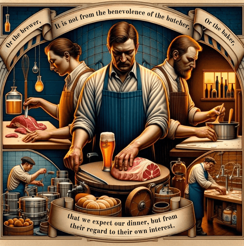 It is not from the benevolence of the butcher, the brewer, or the baker that we expect our dinner, but from their regard to their own interest.